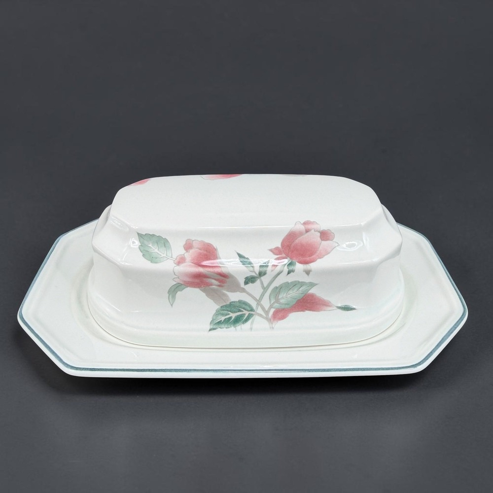 Mikasa Continental Silk Flowers F3003 Butter Dish with Lid Pink Floral Japan VTG